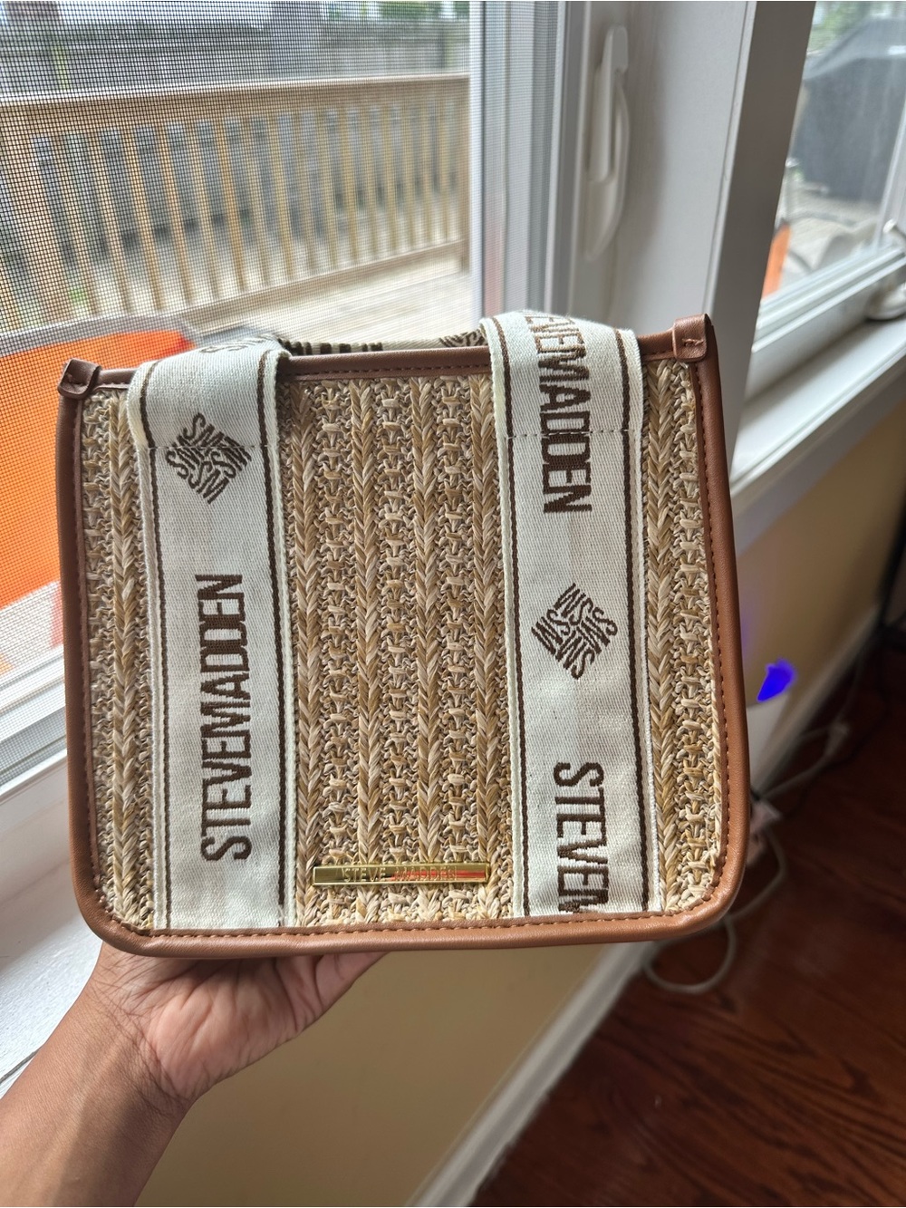 Steve Madden Tan and Cream Woven Crossbody with Branded Straps